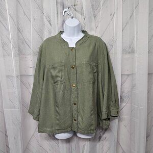 Arna York Olive Green Snap Boho Linen Minimalist Shacket Casual 22/24